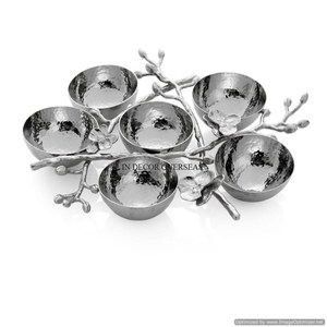 Flores y brotes diseñador 6 compartimentos plata brillante pulido martillado textura MESA CENTRO DE MESA Metal comida cuencos para servir - Product Image 1