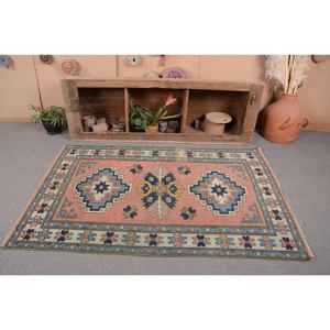 Tapis Vintage Turc Bohème Rose Bleu 4.2 X 6.3ft Grande Surface Patchwork Design Laine Latex pour Couloir Chambre Chambre Tapis De Chevet - Product Image 4