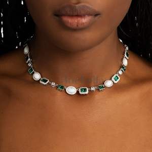 14K oro blanco 10mm multicolor ópalo verde moissanita brillante geométrico piedra preciosa gargantilla Collar para mujer joyería de cadena de eslabones - Product Image 1