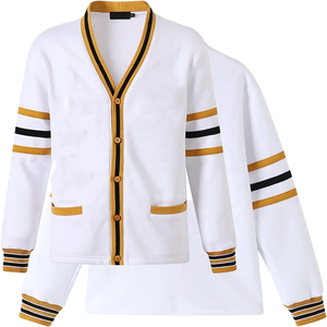 Cárdigan Varsity de Felpa de Alta Calidad Personalizado con Letras Bordadas en Chenille, Diseño a Cuadros Invernal, Botones Blancos y Rayas Doradas Antiguas - Product Image 1