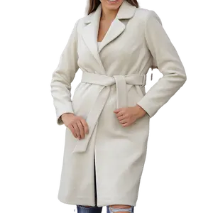 Turkish Quality Women's Coat Wide Collar Button Detailed Pockets Long Striped Beige Women's Coat Cozy Coat with Belt Detail for