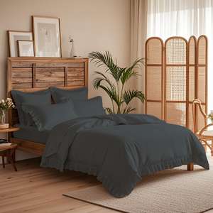 Parure de lit de luxe en satin noir respirant en polycoton, drap-housse à volants pour lit double, taies d'oreiller, technique de tissage unie - Product Image 3