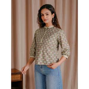 Chemisier court gris en coton Butti pour femme, style Pintux, col nœud, motif lettre diamant, respirant, 100% coton tissé, taille XS, longueur longue - Product Image 3