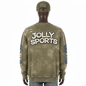 Sudadera Básica de Felpa Suave de 360 g/m², Color Caqui, con Paneles de Mezclilla, Logotipo Personalizado Bordado y Apliques - Product Image 2