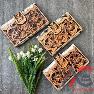 Haute peau de vache outillé en cuir pochette portefeuille outillé à la main sculpture à la main Vintage mignon sac à main dames multi-usage accessoire de mode - Product Image 1