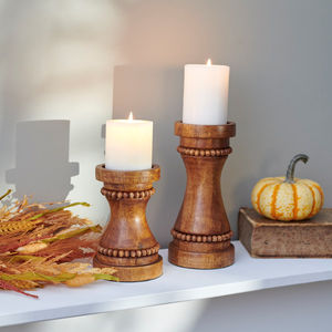 Natural Brown Wooden <b>Candle</b> Holder <b>Set</b> of 2 Decorative Beaded Pillar Stand Rustic Table Decor Accent for Home Office and <b>Gift</b> - Product Image 2