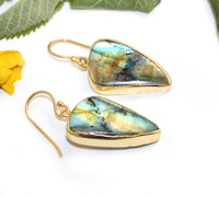 Boucles d'oreilles Vintage Malti Feu Labradorite Pierre 18k Or Électrolytique Forme Fantaisie Géométrique Dangle Bijoux Pour Femmes Vente en Gros