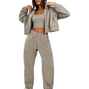 Sweats à capuche courts survêtement 2 pièces ensemble femmes élégantes survêtement moelleux fermeture éclair à capuche ensemble survêtements pour femmes 2026 - Product Image 1