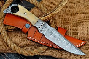 Cuchillo de caza Tang completo de acero de Damasco hecho a mano de primera calidad, Funda de cuero genuino, artesanía Superior, cuchillo para acampar al aire libre OEM - Product Image 5