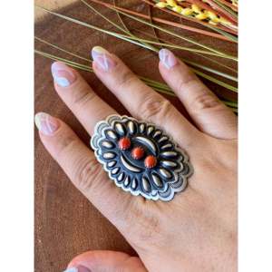 Leander Tahe Coral & <b>Sterling</b> <b>Silver</b> Concho <b>Ring</b> Bezel Set <b>Adjustable</b> Size 8 Everyday Wear - Product Image 2