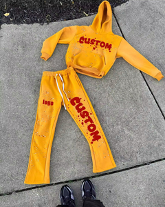 ชุดวอร์มสองชิ้นสำหรับผู้ชายสำหรับฤดูหนาวชุดลายพัฟพร้อมกางเกงทรงบานมีฮู้ดชุดวอร์มสีพื้น - Product Image 5