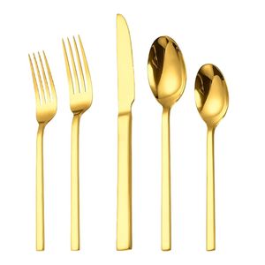 Juego de cubiertos de estilo tradicional de acero inoxidable chapado en oro de primera calidad, mango cuadrado pulido mate, apto para lavavajillas para bodas en casa - Product Image 1