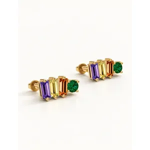 <b>Emerald</b> Cut Diamond <b>Stud</b> Earrings Gold Plated Alloy Copper Trendy Party Gift - Product Image 1