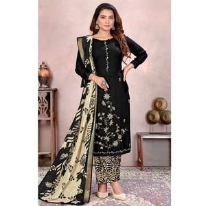 Ensemble de matériel de robe brodée en rayonne élégante bas imprimé Daman dentelle détaillant élégant Jacquard Dupatta pour la fête sans plis - Product Image 1