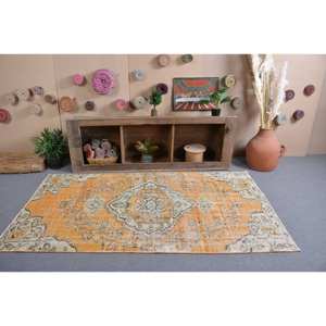 Tapis Turc Vintage 3.9x 7.4ft Orange Beige Plat Tissage Laine Patchwork Motif pour Salon Couloir Décorations Latex Support - Product Image 3