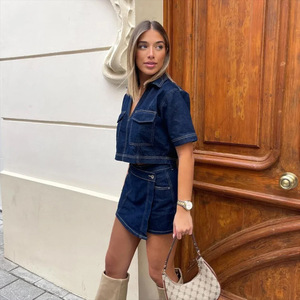 Falda de <span class=keywords><strong>traje</strong></span> de mezclilla de trabajo, trajes de mezclilla de manga corta con cuello en V de verano <span class=keywords><strong>para</strong></span> <span class=keywords><strong>mujer</strong></span> - Product Image 5