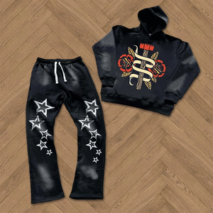 Trending Custom Embroidery Sweat Suits Hoodie and Jogger Two Piece Set Sports <b>Tech</b> Fleece <b>Washed</b> Vintage Tracksuit for Men - Product Image 3