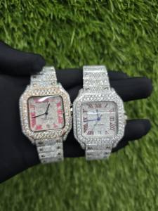 Montre-bracelet mécanique pour homme personnalisée à la main, 2 chronos, diamants en moissanite glacés VVS, cadran en or blanc carré, entièrement personnalisable - Product Image 2