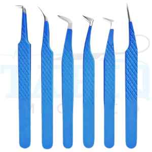 Juego de Pinzas para Pestañas de Acero Inoxidable de Alta Calidad, 6 Piezas, Color Azul, Punta Puntiaguda, por TARIQ MFG CO - Product Image 1