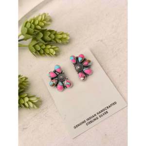 Navajo Handmade Cotton Candy Dahlia & <b>Turquoise</b> <b>Stud</b> <b>Earrings</b> Sterling Silver Post Cluster Bezel Setting Flower Inlay for Gift - Product Image 4