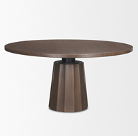 Table de salle à manger de cuisine en bois massif conique, base en bois, forme ronde, bords incurvés, dessus avec des grains naturels, finition brun foncé