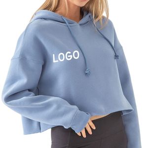 Sudadera con capucha de gran tamaño recortada con dobladillo crudo con impresión personalizada sudadera de mujer con Top corto cuadrado de lana pesada sudadera de mujer - Product Image 3