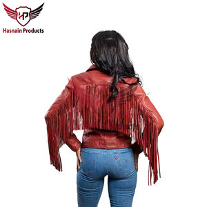 Chaqueta de cuero auténtico rojo oscuro para mujer con flecos en las mangas, borlas, piel de oveja, estilo vaquero occidental, abrigo de motociclista, ropa de abrigo personalizada para invierno - Product Image 4