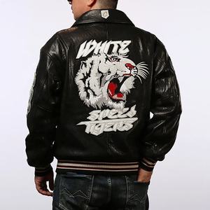 Veste en cuir de mouton véritable de qualité supérieure |   Aviateur brodé à motif tigre de haute qualité |   Veste de sport épaisse noire et blanche pour homme - Product Image 5