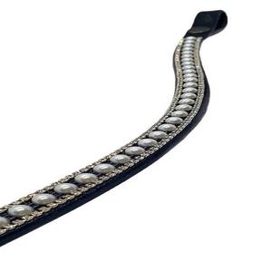 Fancy 3 líneas de cristal y Gris perla Diamante Chain Mega Bling Custom Made Black Curved Leather Horse Brow Band en Full Cob - Product Image 4