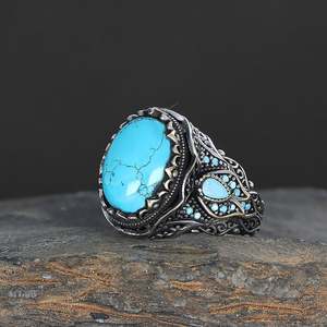 Anillo de Hombre de Plata de Ley 925 de Alta Calidad, Estilo Otomano, Joyería de Moda, Piedra Natural, Ágata Yamen, Hecho en Turquía, Azuris - Product Image 2