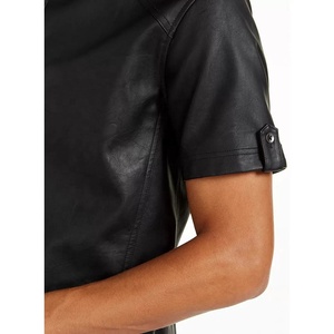 Custom Men's Genuine <b>Leather</b> Button <b>Shirt</b> Stand Collar Zipper Spring Autumn Short Sleeve Chest Pocket Black <b>Leather</b> T-<b>Shirt</b> - Product Image 2