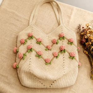 Lady Crochet Vintage Bohemian Style Tote Large-Capacity Open Closure Cotton Fashionable Two <b>Straps</b> <b>Shoulder</b> Beach Vacation Bag - Product Image 1