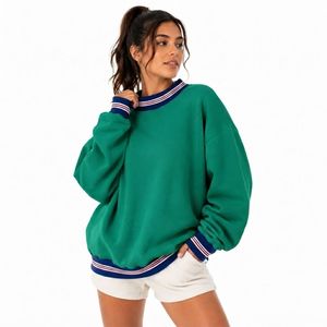 womens green striped rib mock neck oversized sweatshirt long sleeve cozy fleece <b>pullover</b> <b>jumper</b> top - Product Image 1