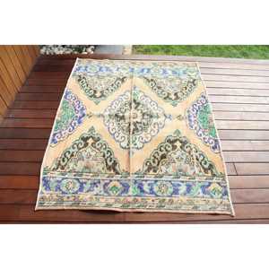 Tapis turc 3,7 x 4,6 pieds, tapis persan vintage en laine bleue - Product Image 3
