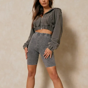 Spandex/Cotton Terry 400 Gsm Fleece Acid Wash Distressed Oversized <b>Zip</b>-<b>Up</b> Crop Top Vintage Hoodie <b>Jacket</b> Winter Custom Front - Product Image 2