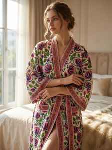 Bata Kimono de Algodón con Estampado Floral Hecho a Mano, Tallas Grandes, para Mujer, Estilo Indio, Ligera, para Descansar - Product Image 3