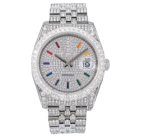 Montre sport en acier inoxydable sertie de diamants Moissanite, mouvement ETA, bracelet en cuir, étanche, cadran analogique en verre, boîtier unisexe - Product Image 4