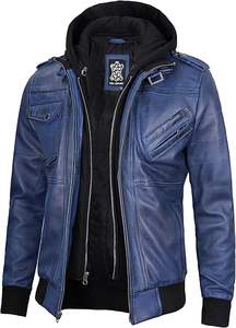 Blouson en cuir à capuche pour hommes Blousons en cuir pour hommes avec capuche amovible - Product Image 4