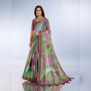 ผ้าส่าหรีพิมพ์ลายกราฟฟิกสีเขียวชมพูแบบกำหนดเอง รุ่น GG-453 ดีไซน์หรูหรา โดดเด่นด้วยลวดลายแบบดั้งเดิมที่เป็นเอกลักษณ์ - Product Image 1