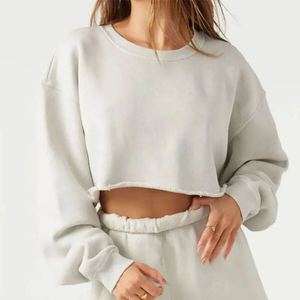 Sudadera corta transpirable de peso pesado con lavado ácido para mujer, Jersey de algodón de manga larga con diseño personalizado desgastado - Product Image 3