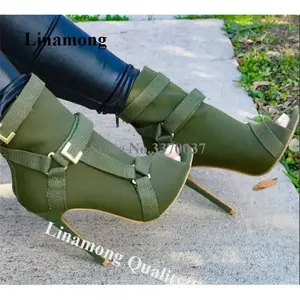 รองเท้าบูทสั้นแบบเปิดนิ้วเท้า ดีไซน์ใหม่ทันสมัย ทำจากหนังกลับ ส้นเข็ม - Product Image 1