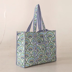 Indian Vintage Lady Blue Floral Print Cotton Lightweight High Quality Quilt <b>Tote</b> <b>Bag</b> <b>Zipper</b> Closure Canvas Lining Womens Summer - Product Image 4