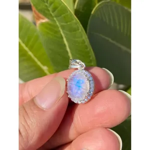 925 <b>Silver</b> Oval Rainbow Moonstone <b>Necklace</b> with Bezel Setting Inlay Technology - Product Image 2