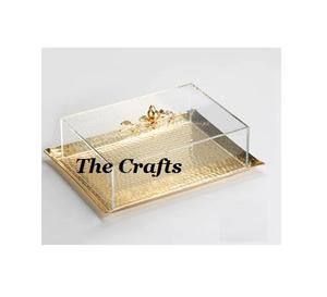 Bandeja de Acero Inoxidable con Acabado Dorado Pulido de Alta Calidad, Diseño de Caligrafía Islámica, Cubierta de Acrílico, Logotipo Personalizado para el Hogar - Product Image 3