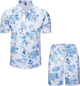 Conjunto de Camisa de Cuello Cubano y Pantalones Cortos de Playa Casuales para Hombre de Alta Calidad, Estampado de Palmeras, Tela Suave, Estilo Hawaiano - Product Image 1
