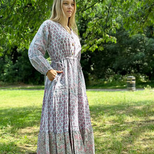 Pur coton longue robe Maxi indien bloc imprimé Pastel été terreux élégant maman confortable vêtements de jour - Product Image 1