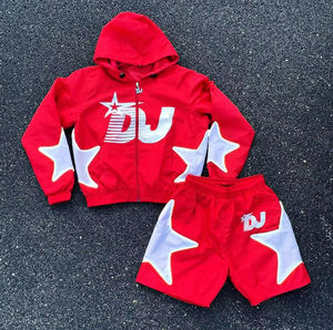 2024 New Design Eco-Friendly Men's Casual Streetwear Windbreaker Tracksuit <b>Shorts</b> Set Solid Puff Print Two Piece Full <b>Zip</b> Hoodie - Product Image 1