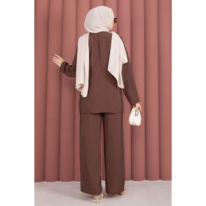 Coffee Brown Crepe and <b>Linen</b> Two-Piece Set Large/XL <b>Top</b> and Pants with Waist Accessory Detail for Summer and Autumn Outfits - Product Image 5