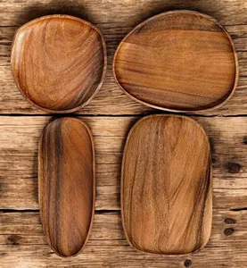 Plateau de service ovale irrégulier en bois massif d'acacia assiette à dîner en bois naturel plat de fruits thé café porte-collation écologique - Product Image 1
