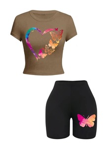 Camisa corta con estampado 3D de alta calidad, conjuntos de mujer transpirables de algodón 100%, nuevo conjunto de 2 piezas de verano personalizado para mujer - Product Image 4